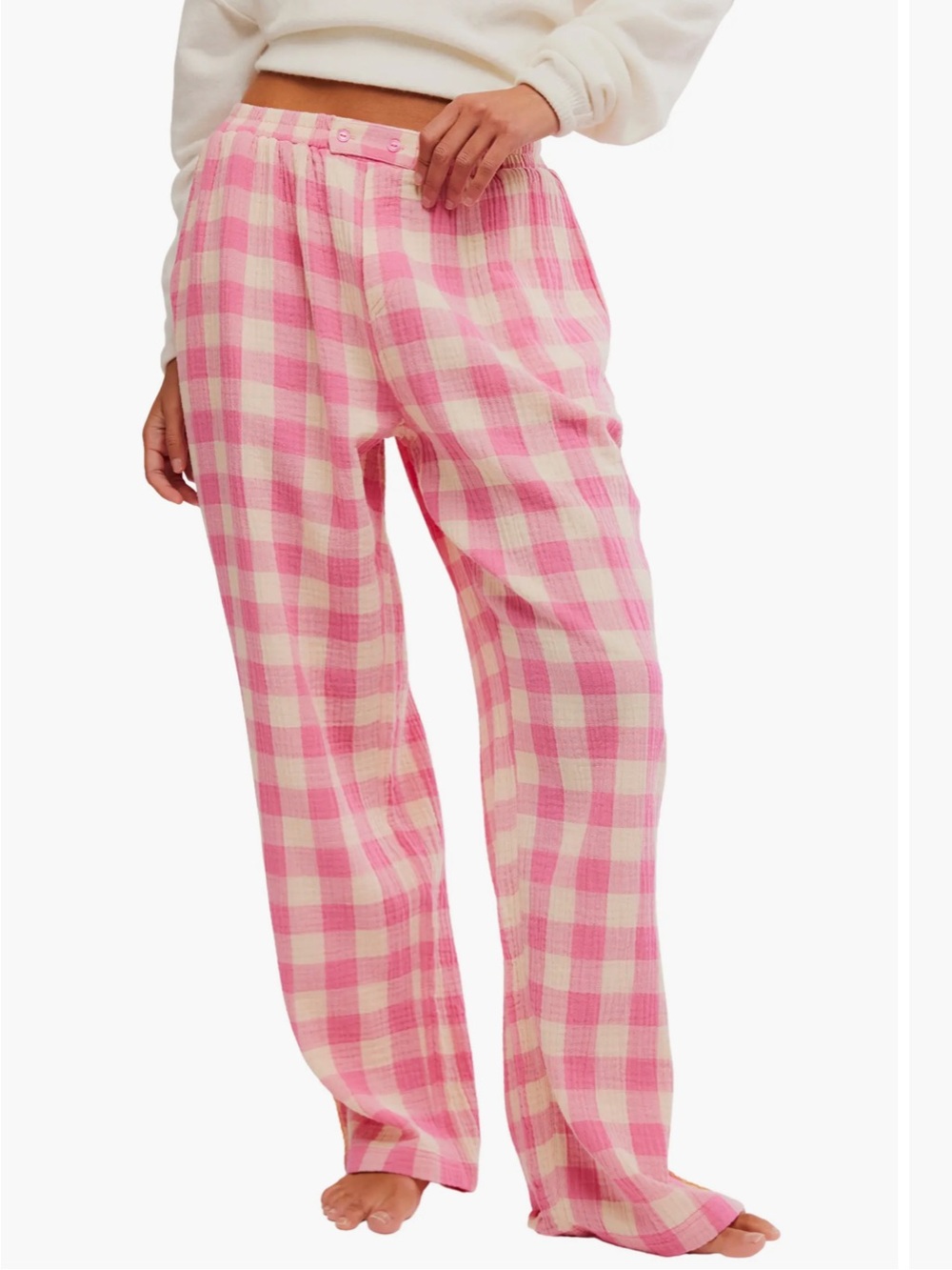 🆕 Free People Pink Check 100% Cotton PJ Lounge Pajama Pants Oversized Long XL